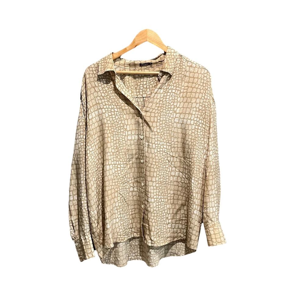 J. Mclaughlin Beige Animal Print Long Sleeve‎ Silk Women's Button Up Top Size XL